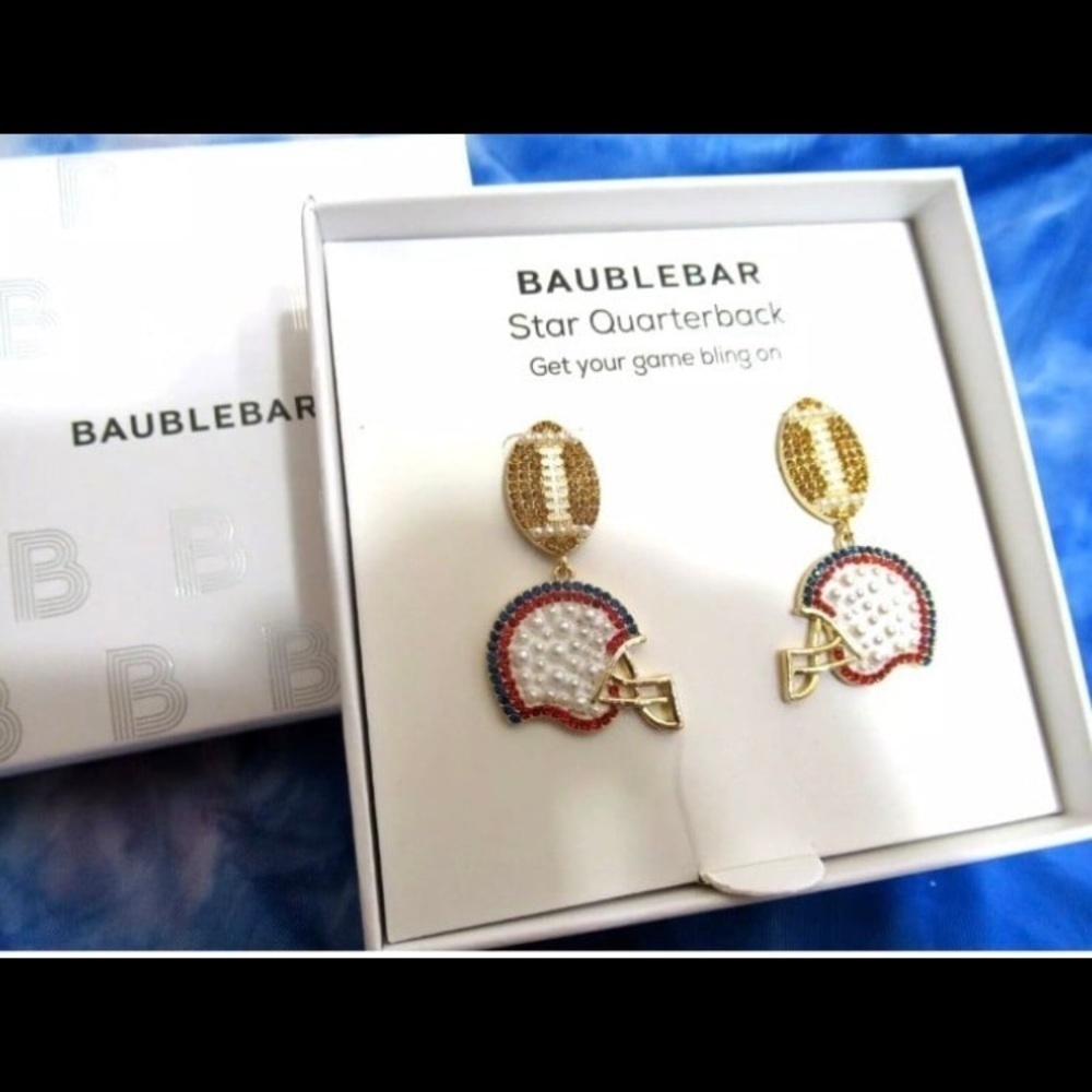 BAUBLEBAR Game Day Football Helmet Dangle Crystal Faux Pearls Earrings Box NWT
